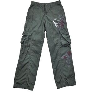 Hot Topic Green Cargo Pants Skull Rose Cross Graphic Goth Grudge Y2K Womens 7